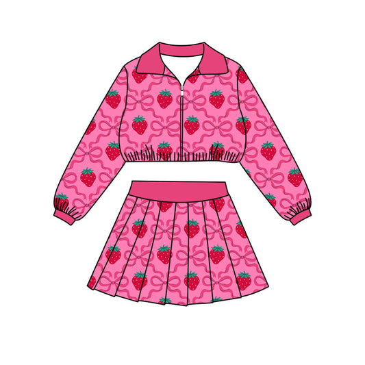 Preorder (moq 5)Baby Girls Bows Strawberry Zip Jackets Skirt Shorts Team Clothes Set