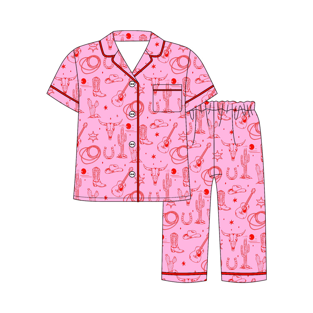 Preorder moq 5 Adult Short Sleeve Bull Skulls Cactus Button Pockets Top Pants Western Pajamas Sets
