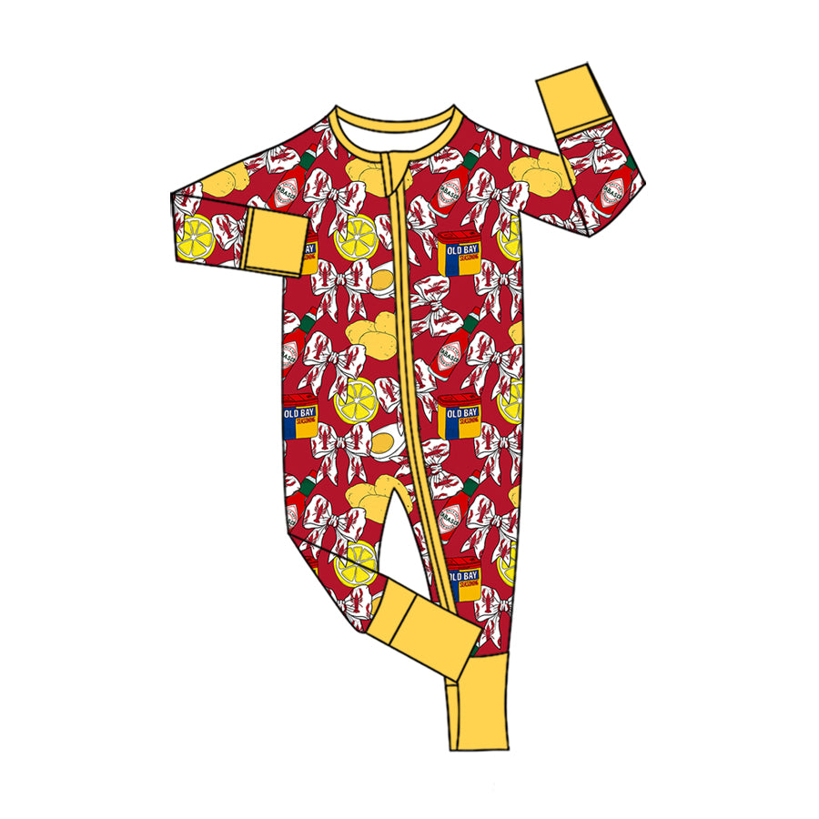 Preorder (moq 5) Baby Crawfish Potato Lemon Bow Print Long Sleeve Zipper Romper Boutique Baby Clothes