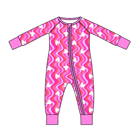 Preorder (moq 5) Baby Girl Clothes Pink Wavy Stripe White Heart Mixed Print Long Sleeve Zipper Baby Romper