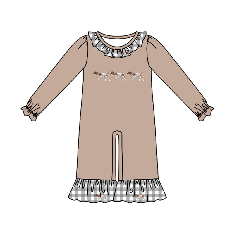 Preorder (moq 5)Baby Girls Long Sleeve Dogs Hunting Ruffle Pant Rompers