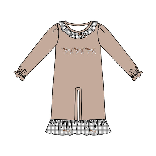 Preorder (moq 5)Baby Girls Long Sleeve Dogs Hunting Ruffle Pant Rompers