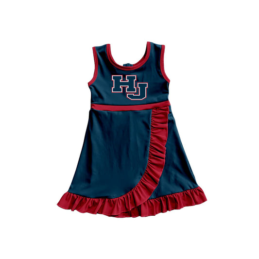 Preorder (moq 5)Baby Girls Dark Green Sleeveless HJ Short Team Ruffle Knee Length Dresses