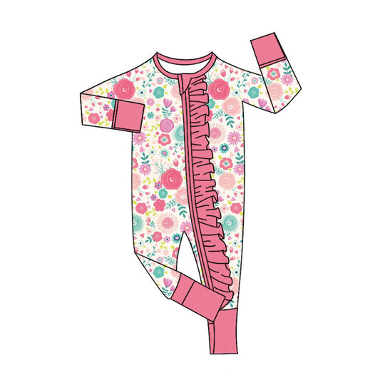 Preorder (moq 5)Baby Girls Colorful Flowers Two Way Ruffle Zip Convertible Rompers