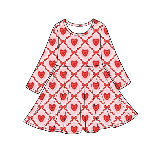 Preorder (moq 5) Baby Girl Clothes Diamond Heart Bow Mixed Print Long Sleeve Twirl Dress