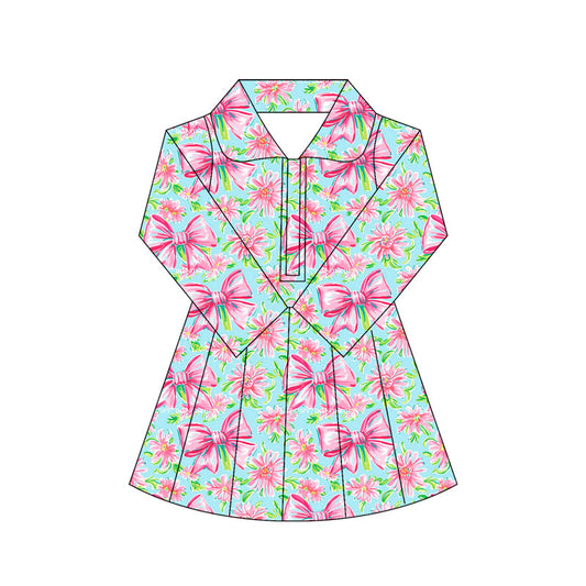 Preorder moq 10 Baby Girls Green Bows Floral Long Sleeves Zipper Activity Wear Yoga Knee Length Dresses