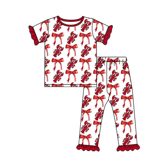 Preorder(moq 8)Baby Girls Red Bows Crayfishes Plaid Top Ruffle Pant Pajamas Sets