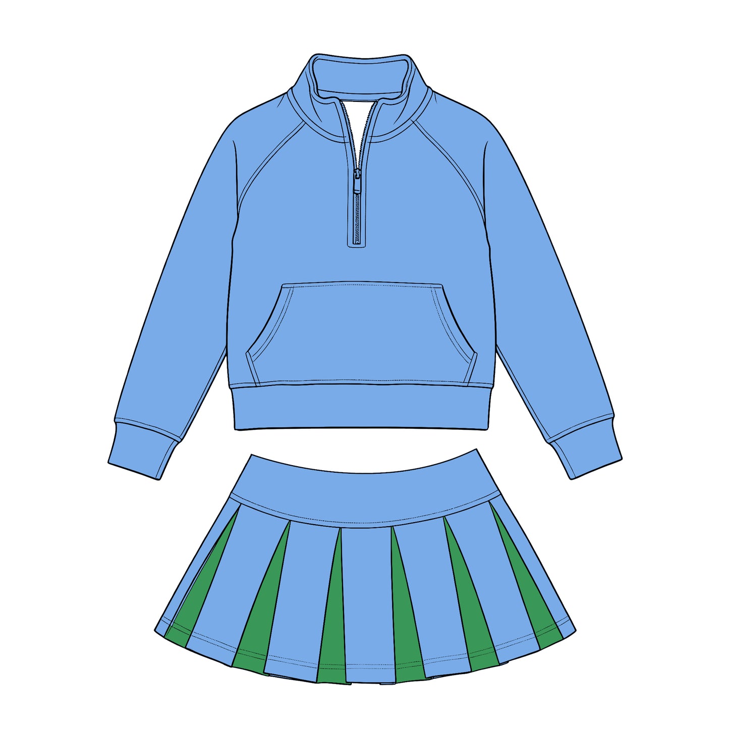 Preorder (moq 5) Baby Girls Blue Zip Pockets Pullovers Green Pleated Skirt Short Clothes Sets
