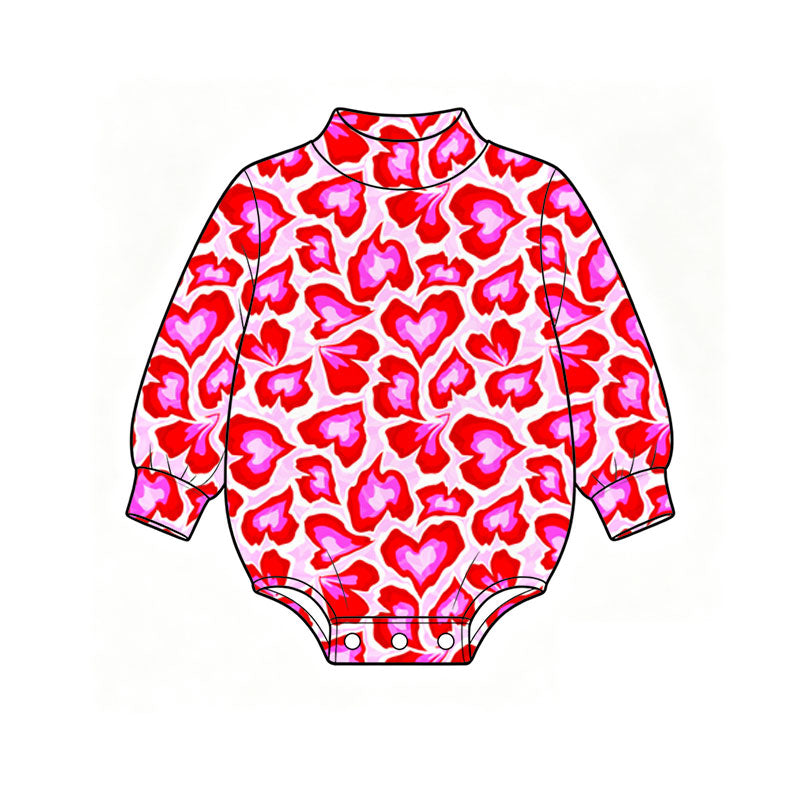 Preorder (moq 5) Baby Girl Clothes Valentine Red Abstract Heart Mixed Print Long Sleeve Mock Neck Bubble Romper