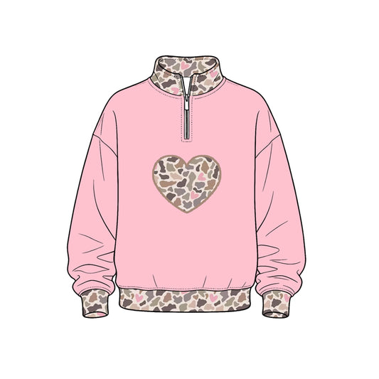 Preorder (moq 5) Kids’ Valentine’s Day Magenta Heart Print Long-Sleeve Half-Zip Bow Sweatshirt