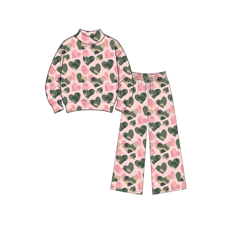 Preorder (moq5) Baby Girls Pink Green Hearts Choker Top Flare Pants Valentines Clothes Set