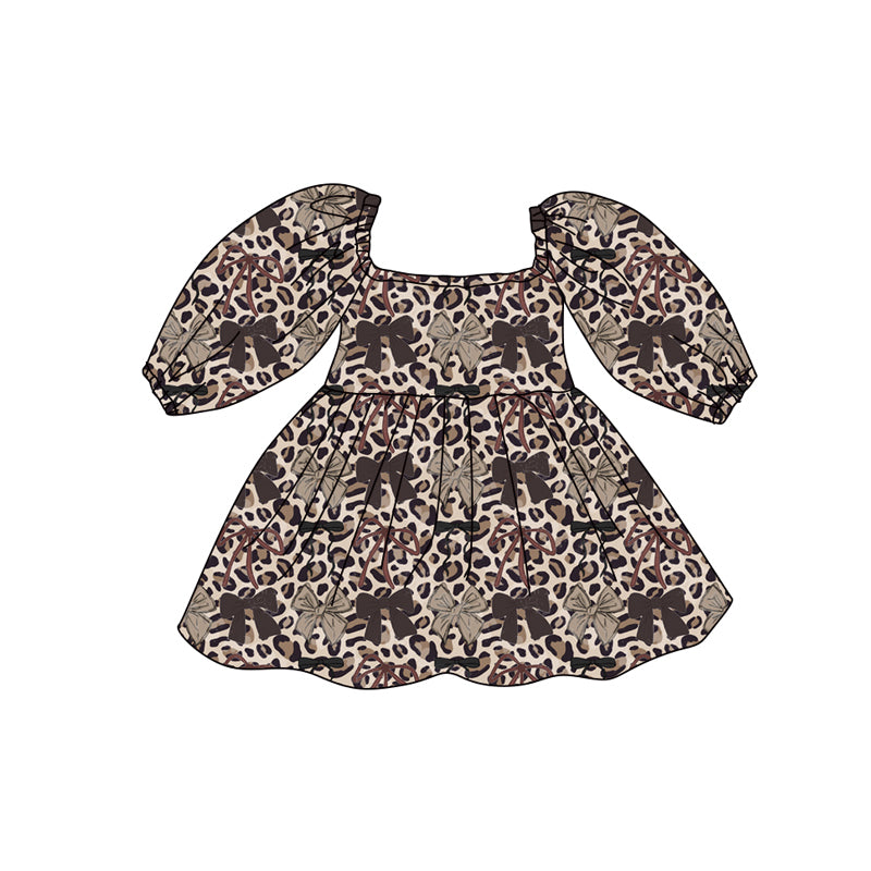 Preorder (moq 5)Baby Girls Leopard Bows Western Knee Length Dresses