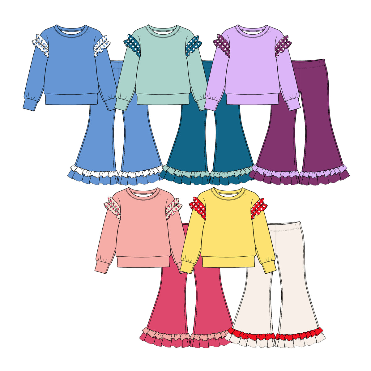 Preorder (moq 5) Baby Girl Clothes Polka Dot Ruffle Detail Solid Long Sleeve Ruffle Hem Flare Pant Set