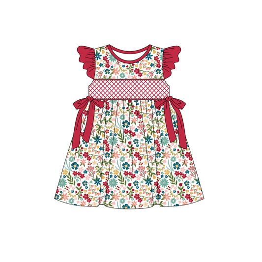 Preorder (moq 5)Baby Girls Red Flutter Sleeves Bows Floral Knee Length Dresses