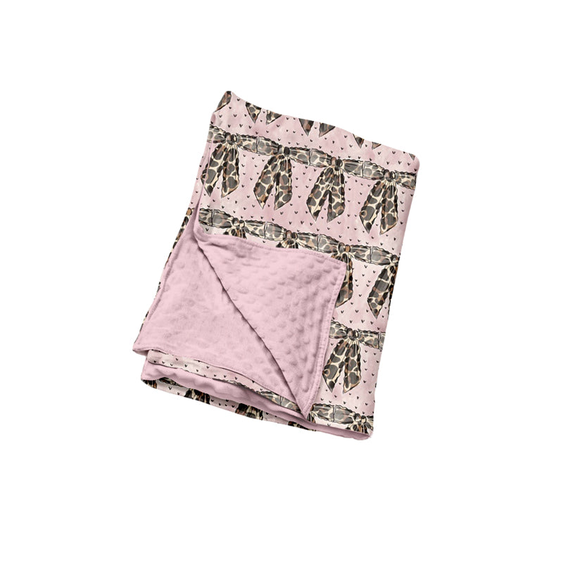 Preorder (moq 5) Baby Pink Leopard Bow Print Minky Dot Back Swaddle Blanket