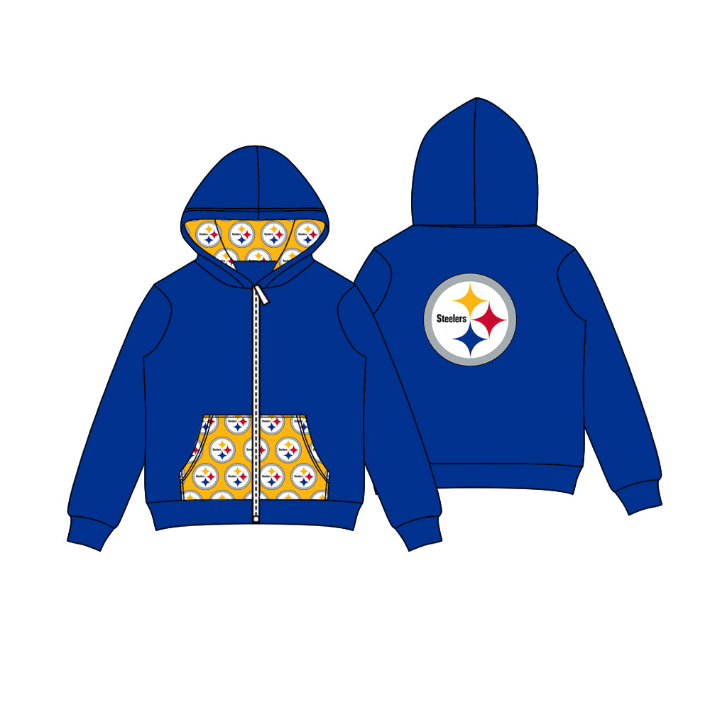 Preorder (moq 5)Baby Boys Hot Blue Steelers Stars Team Pocket Zipper Hoodies Tops