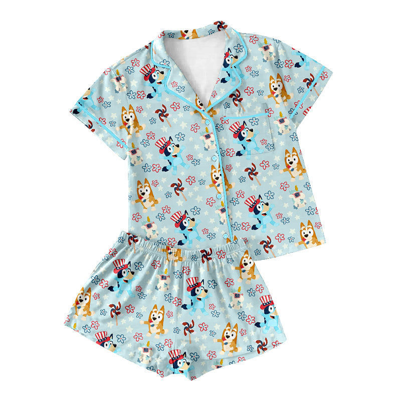 Preorder(moq 5)Adult Women Blue Short Sleeves Button Pocket Cartoon Dogs Flowers Top Short Pajamas Set