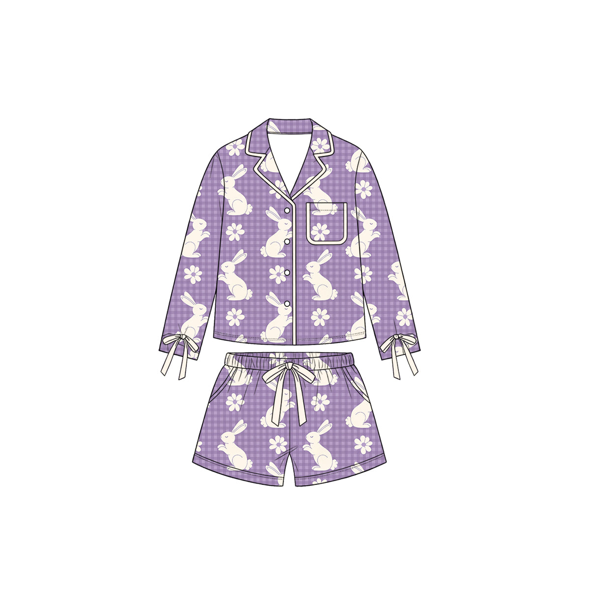 Preorder moq 5 Girls’ Purple & White Bunny Floral Bow Collared Long-Sleeve Pajama Top & Matching Elastic-Waist Shorts Set