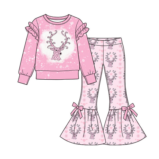 Preorder (moq 5) Baby Girl Clothes Geometric Deer Heart Mixed Print Long Sleeve Flare Pant Set