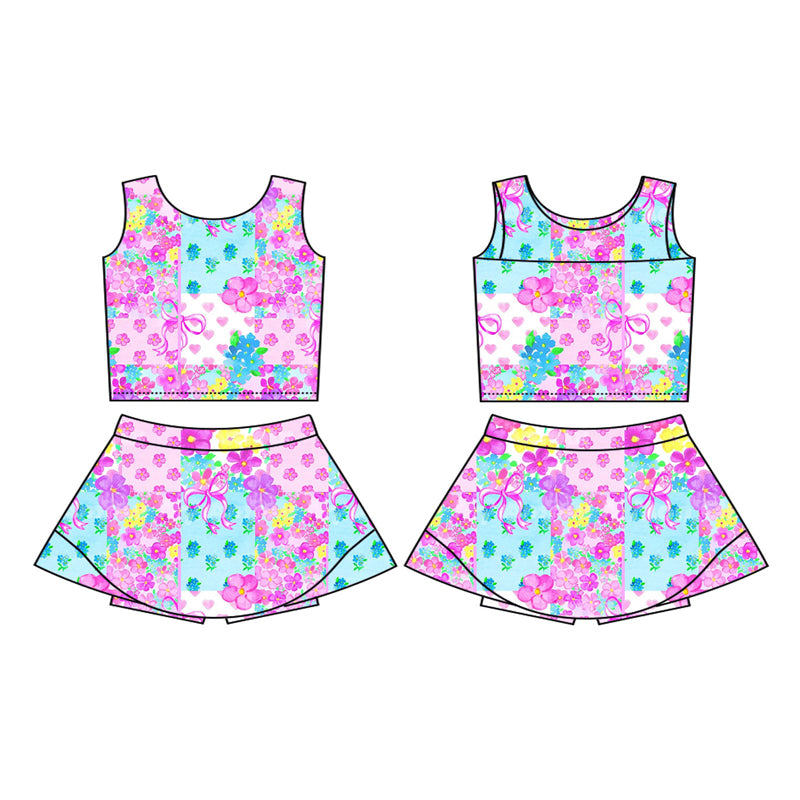 Preorder (moq 5)Baby Girls Hearts Flowers Checked Vest Skirt Shorts Valentines Clothes Sets