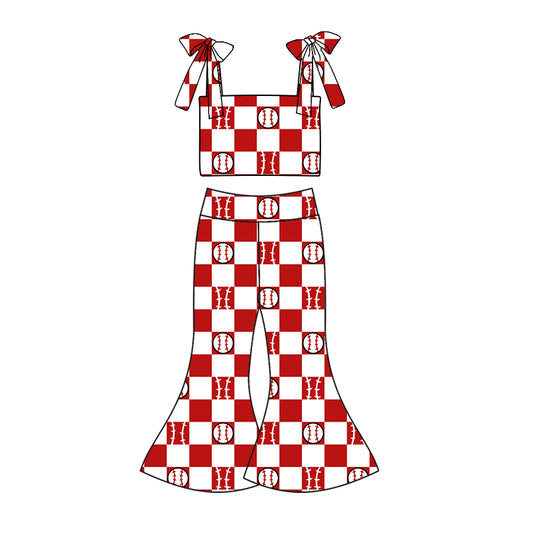 Preorder (moq 5)Baby Girls Baseball Red Straps Top Bell Pants Clothes Sets