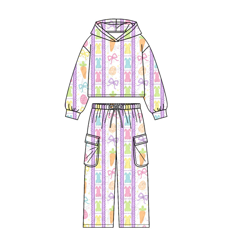 Preorder (moq5) Kids Easter Bunny Egg Print Hoodie Pockets Joggers Team Clothes Set