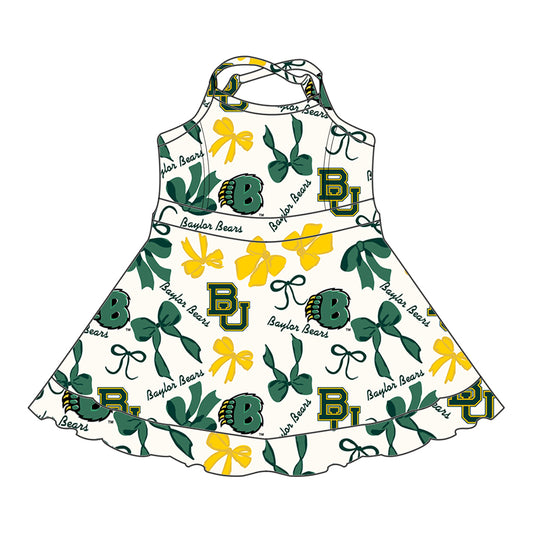 Preorder (moq 5)Baby Girls Strap Green Bows Plaid BU Short Ruffle Team Knee Length Dresses