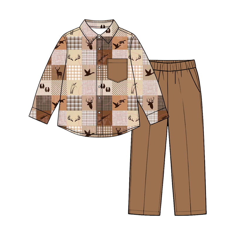 Preorder(moq5) Boys 2-Piece Casual Clothing Set Hunting Patchwork Deer Duck Print Sweatshirt Joggers Kids Outfit