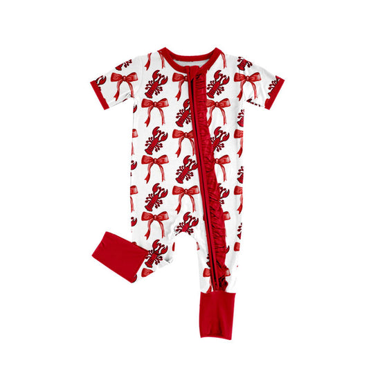 Preorder(moq 8)Baby Girls Red Bows Crayfishes Plaid Ruffle Zipper Footie Rompers