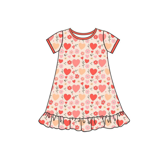 Preorder(moq 5) Baby Girls Short Sleeve Peach Hearts Flowers Valentine Ruffle Knee Length Dresses