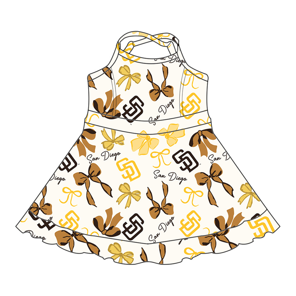 Preorder (moq 5)Baby Girls Yellow Strap Bows Plaid SD Short Ruffle Team Knee Length Dresses