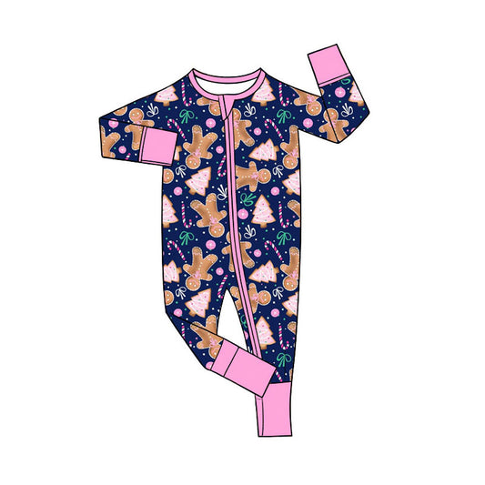 Preorder (moq 5)Baby Girls Gingerbread Trees Christmas Two Way Zip Convertible Rompers