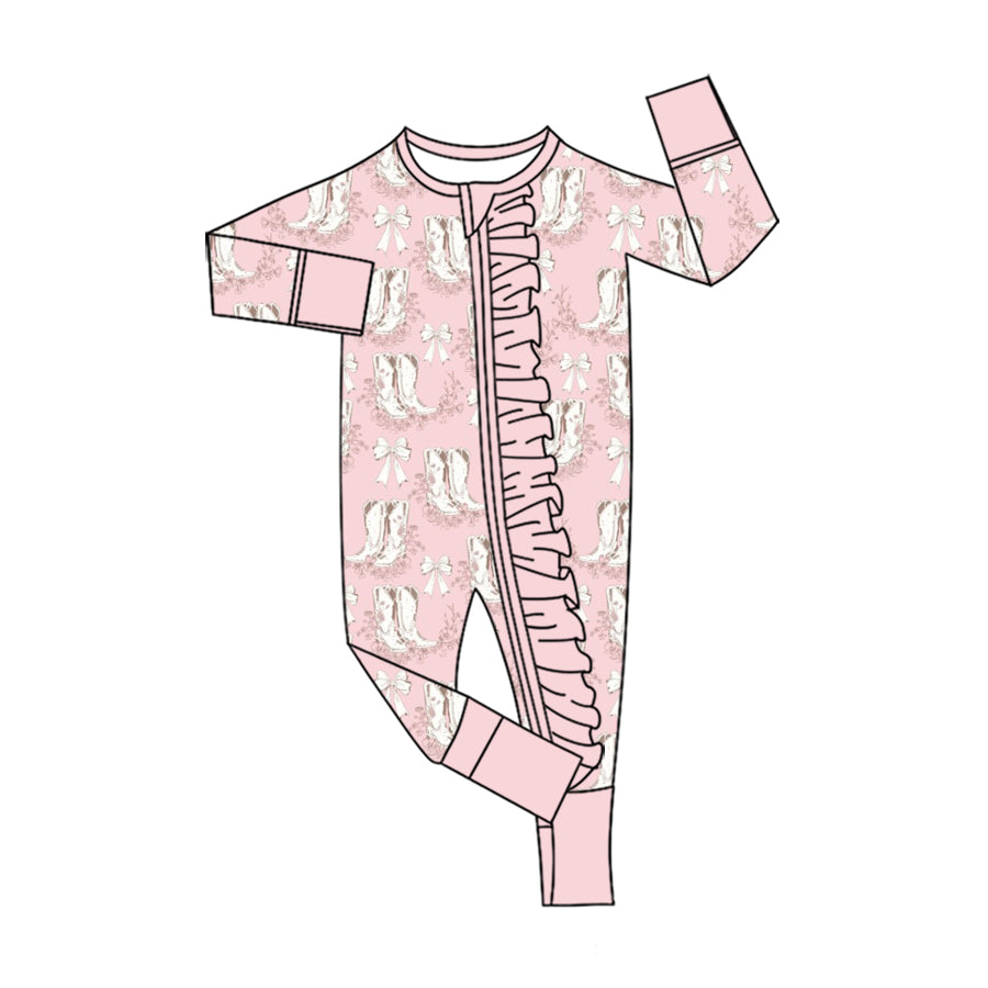 Preorder(moq5) Baby Girls Clothes High-Quality Western Cowboy Boots Print Cotton Ruffle Zipper Romper