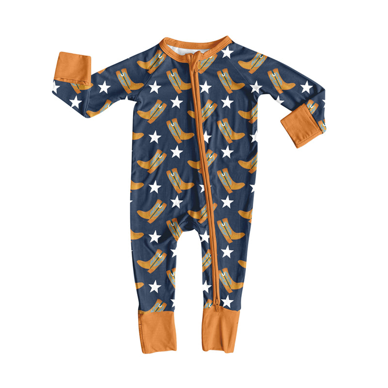 Preorder(moq 5)Baby Boys Western Navy Cowboys Boots Zipper Footie Rompers
