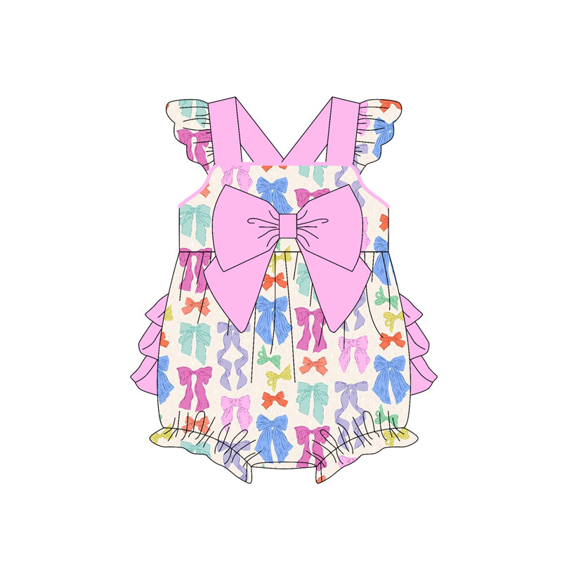 Preorder (moq 5)Baby Girls Pink Flutter Sleeves Colorful Bows Ruffle Bubble Rompers