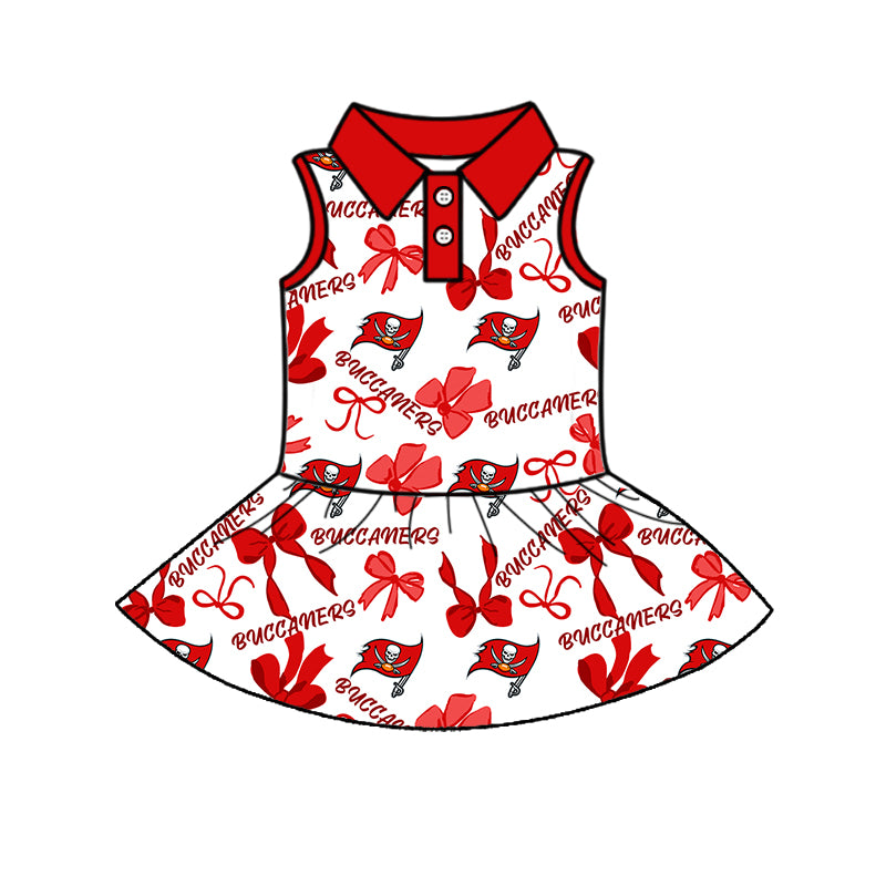 Preorder (moq 5)Baby Girls Red Sleeveless Bows Plaid Buccaners Button Team Knee Length Dresses