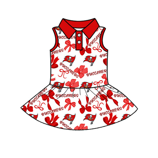 Preorder (moq 5)Baby Girls Red Sleeveless Bows Plaid Buccaners Button Team Knee Length Dresses