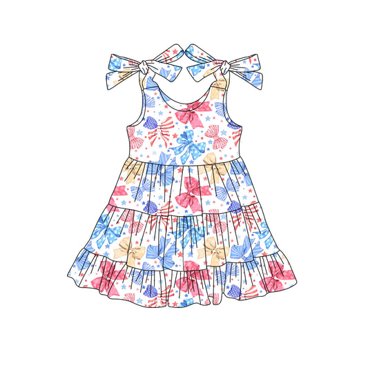 Preorder (moq 5)Baby Girls Strap Blue Red Bows Stars 4th Of July Knee Length Dresses