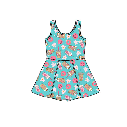 Preorder (moq 5)Baby Girls Aqua Sleeveless Flowers Smiles Shorts Knee Length Dresses