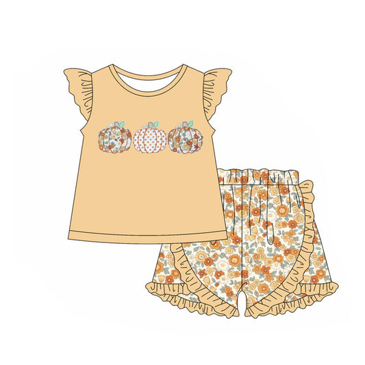 Preorder (moq 5)Baby Girls Yellow Flutter Sleeves Floral Pumpkins Top Ruffle Shorts Set