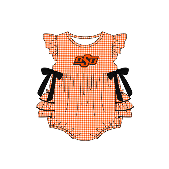Preorder moq 5 Baby Girls Orange Plaid Flutter Sleeves Bows OSU Team Rompers