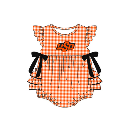 Preorder moq 5 Baby Girls Orange Plaid Flutter Sleeves Bows OSU Team Rompers
