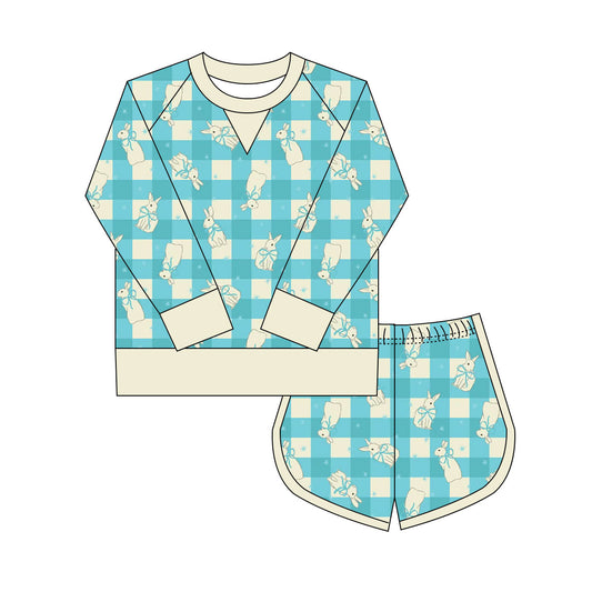 Preorder(moq 8)Baby Girls Blue Checked Bows Rabbits Long Sleeve Top Shorts Easter Clothes Set