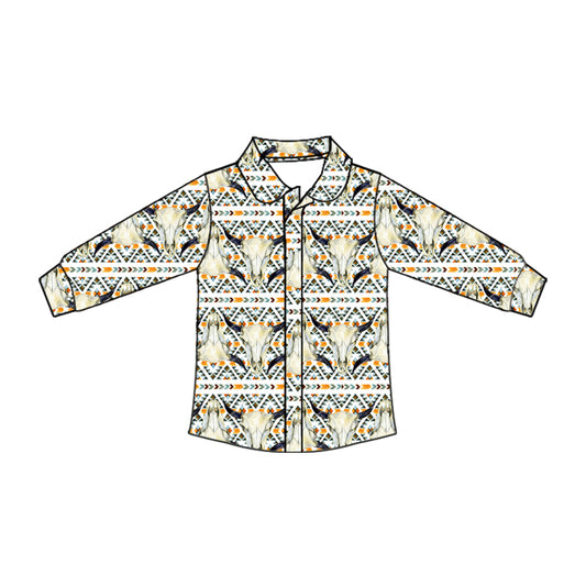 Preorder moq 10 Baby Boys Yellow Long Sleeves Western Aztec Bull Skull Button Shirts Top