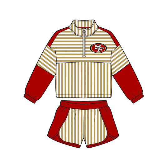 Preorder (moq 5)Baby Girls Gold Stripe 49ERS Zip Pullovers Short Team Clothes Set