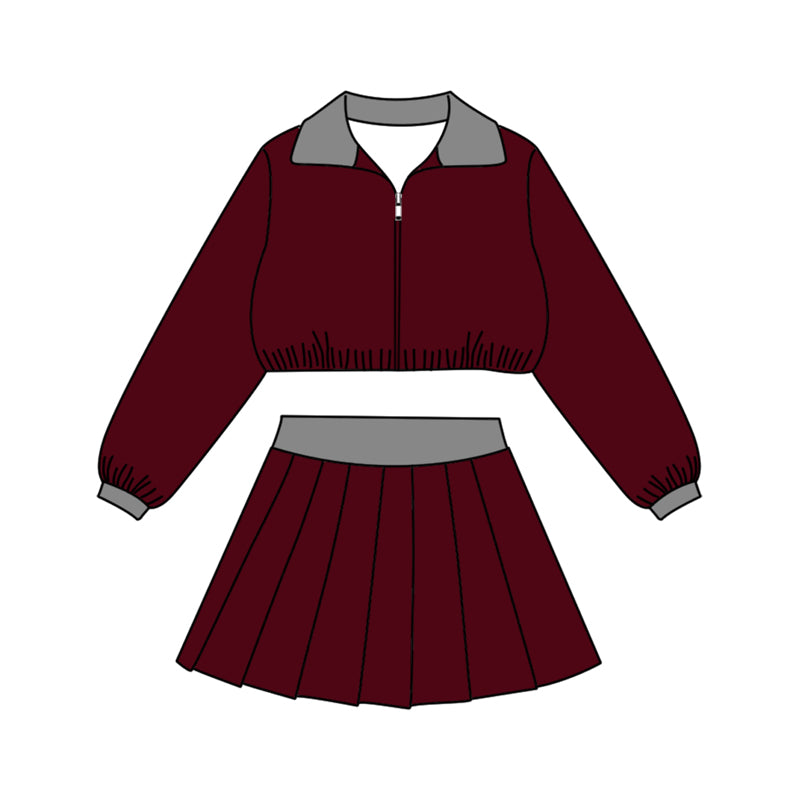 Pre-order(moq5) Kids Full Zip Collared Cropped Jacket Pleated Skirt 2‑Piece Athletic Set