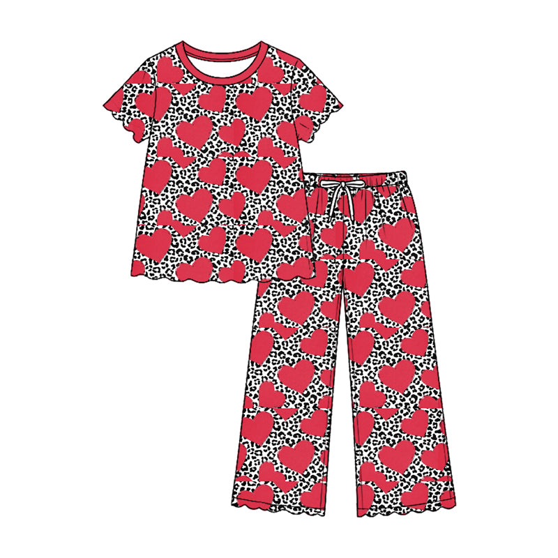 Pre-order(moq5)  Girls’ Fall Red Heart Print Round-Neck Short-Sleeve Top & Bow-Detail Elastic-Waist Straight-Leg Pants Two-Piece Outfit Set
