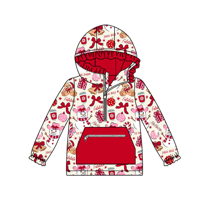 Preorder (moq 5)Baby Girls Gifts Snowmen Pocket Zipper Christmas Ruffle Hoodies Top
