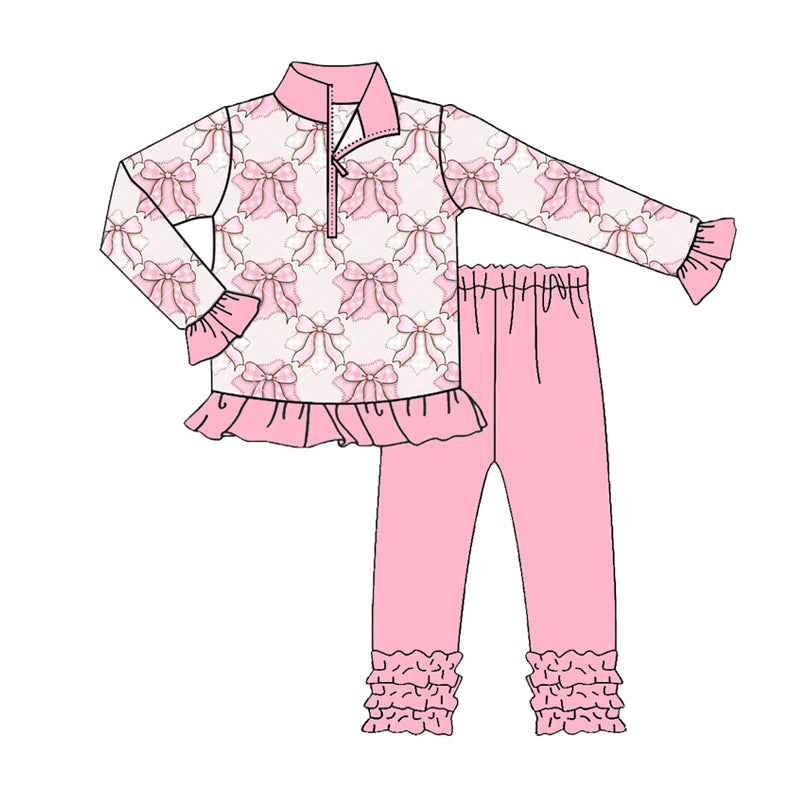 Preorder (moq 5)Baby Girls Pink Bows Zipper Pullover Ruffle Leggings Pant Clothes Sets