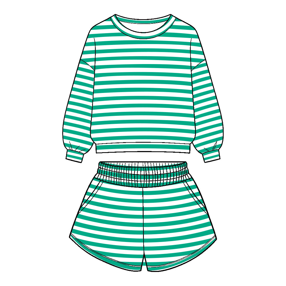 Preorder (moq 5)Baby Girls Long Sleeve Green Stripe Top Pockets Short Clothes Set